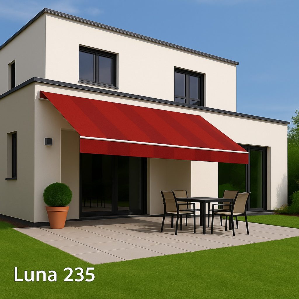 Rolo tenda, dezen Luna 364 sa bordo - crvenim prugama - fasadna montaža na kuću. Kvalitetna izrada Luna cerade i tende Novi Sad.