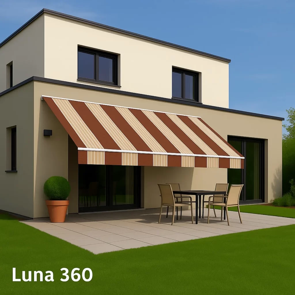 Rolo tenda, dezen Luna 360 sa tamno braon i svetlo bež prugama - fasadna montaža na kuću. Kvalitetna izrada Luna cerade i tende Novi Sad.