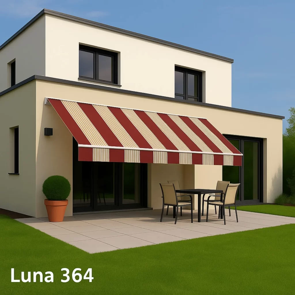 Rolo tenda, dezen Luna 364 sa bordo i svetlo bež prugama - fasadna montaža na kuću. Kvalitetna izrada Luna cerade i tende Novi Sad.