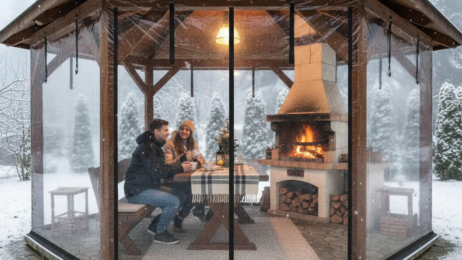 Letnjikovac sa vatrom u kaminu zatvoren providnom kristal folijom