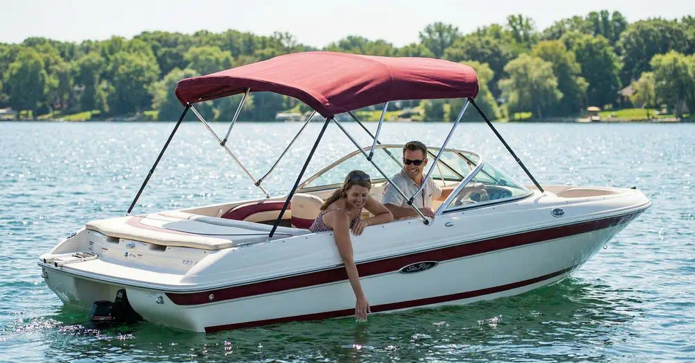 Bimini top tenda sa inox konstrukcijom sa tri cevi i nautičkim platnom u bordo moji - izrada Luna Nautika, Novi Sad-Srbija