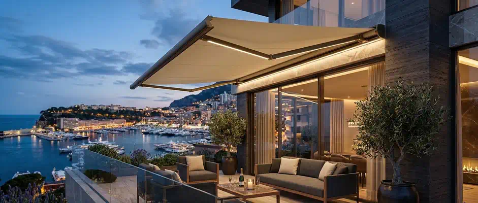 Luksuzna tenda i pergola na modernoj zgradi u sumrak - Kontaktirajte Luna Cerade i Tende Novi Sad