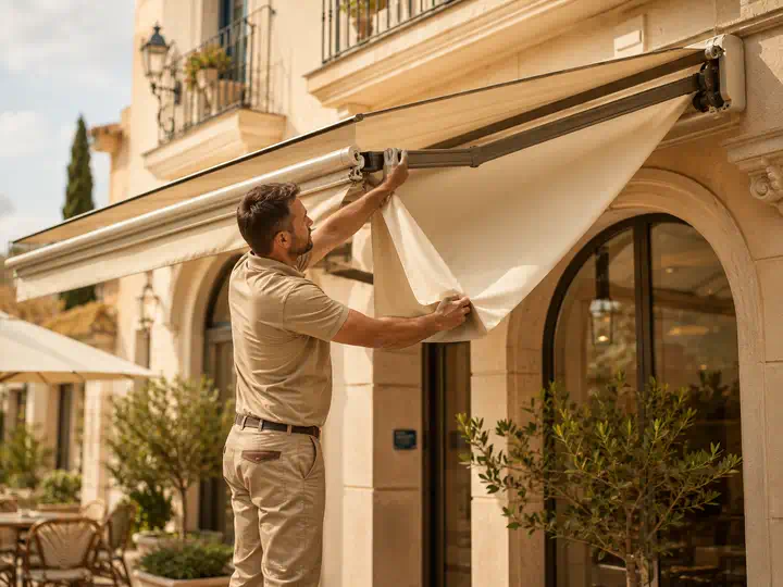 Majstor menja akrilno platno na tendi tokom servisa i zamene platna — Luna Cerade i Tende, Novi Sad